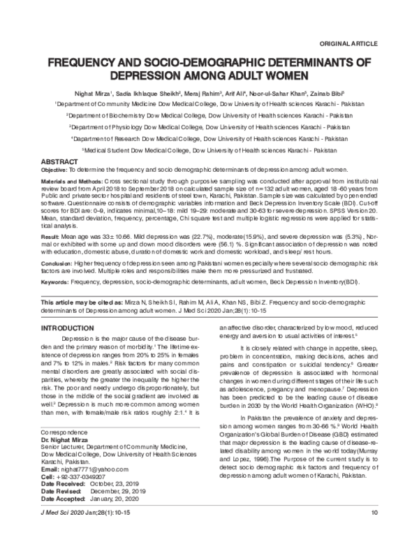 (PDF) Frequency and Socio Demographic Determinants of Depression Among ...