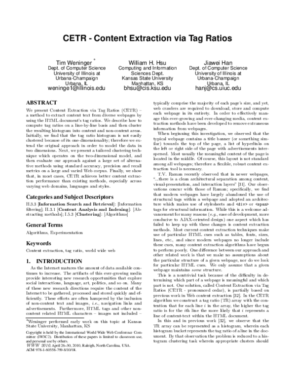 (PDF) CETR - Content extraction via tag ratios