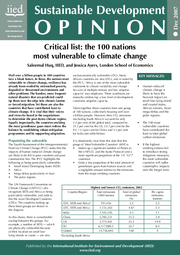 (PDF) Critical list: the 100 nations most vulnerable to climate change