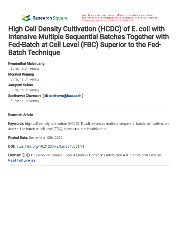 (PDF) High Cell Density Cultivation (HCDC) of E. coli with Intensive ...