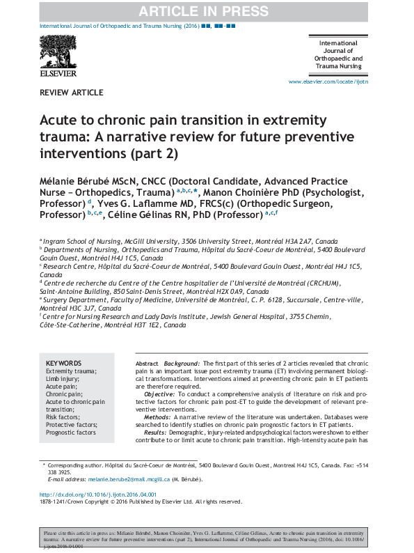 (PDF) Acute to chronic pain transition in extremity trauma: A narrative ...