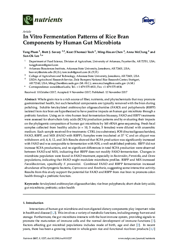 (PDF) In Vitro Fermentation Patterns of Rice Bran Components by Human ...