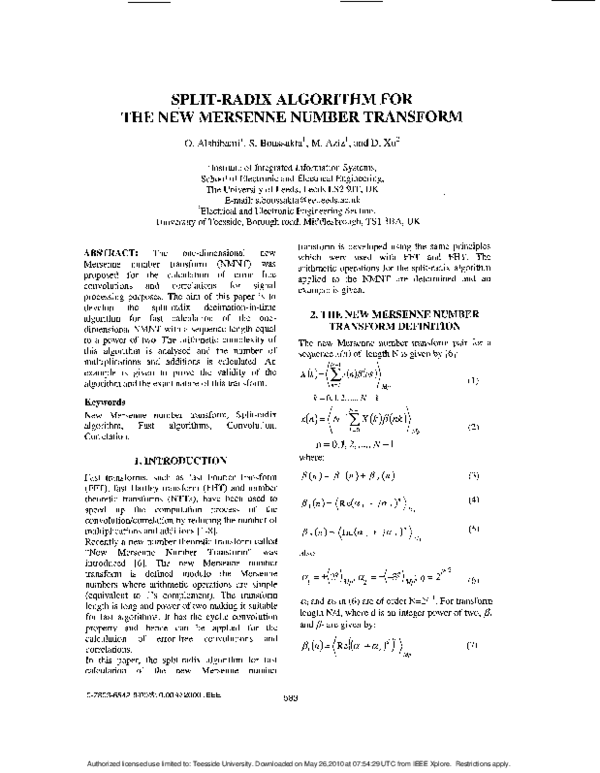 (PDF) Split-radix algorithm for the new Mersenne number transform
