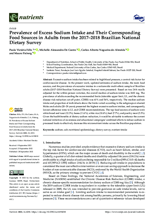 (PDF) Prevalence of Excess Sodium Intake and Their Corresponding Food ...