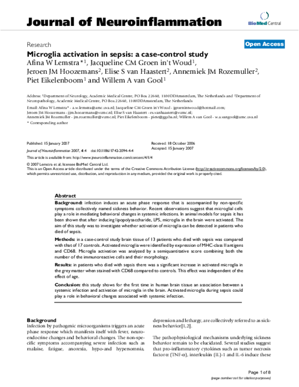 (PDF) Microglia activation in sepsis a casecontrol study piet