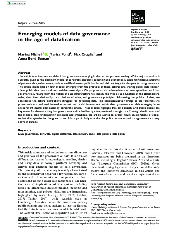 (PDF) Emerging models of data governance in the age of datafication