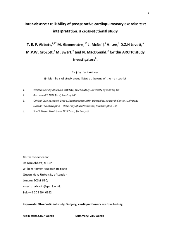 (PDF) Inter-observer reliability of preoperative cardiopulmonary ...