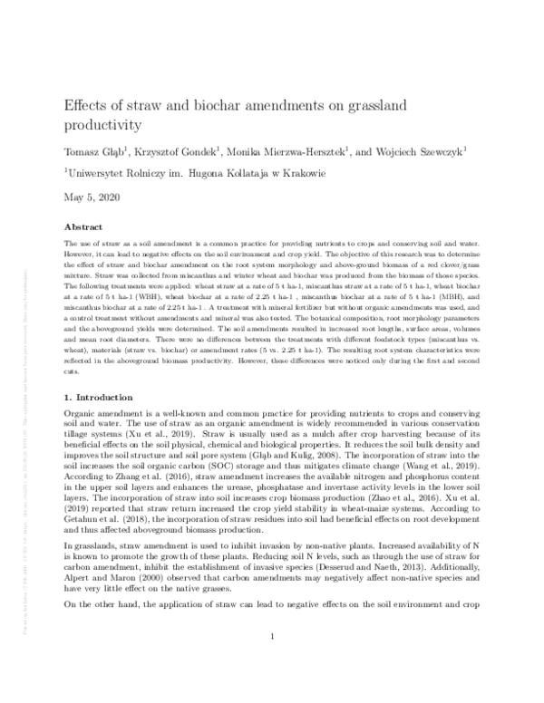 (PDF) Effects of straw and biochar amendments on grassland productivity