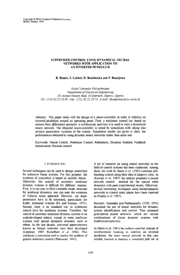 (PDF) Supervised Control Using Dynamical Neural Networks with ...