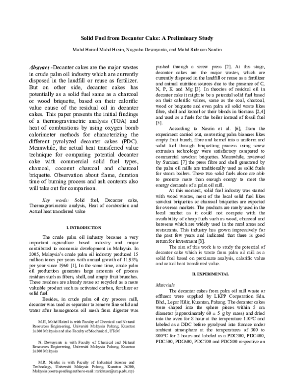 (DOC) Solid fuel from decanter cake A preliminary study Mohd Rafiq
