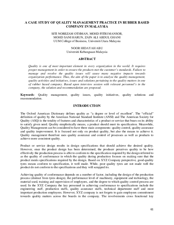 (PDF) A case study of quality management practice in rubber based ...