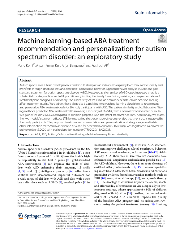 (PDF) Machine Learning-based ABA treatmentrecommendation and ...