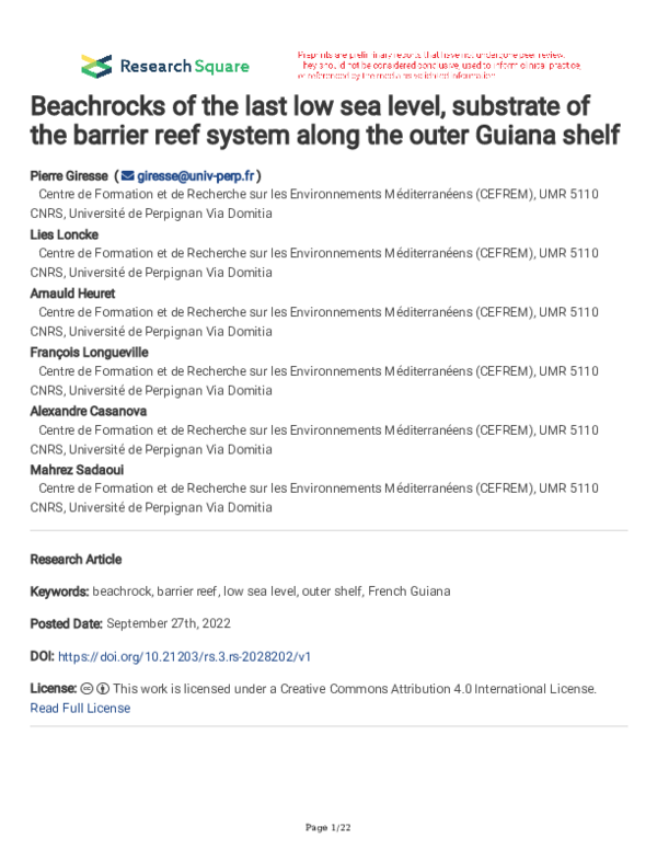 (PDF) Beachrocks of the last low sea level, substrate of the barrier ...