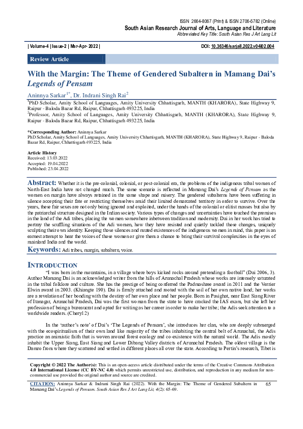 (PDF) With the Margin: The Theme of Gendered Subaltern in Mamang Dai’s ...