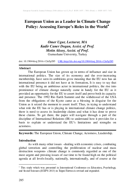 (PDF) European Union as a Leader in Climate Change Policy: Assessing ...