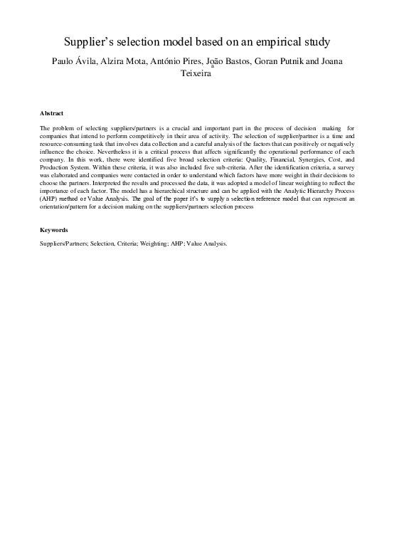 (PDF) Supplier's Selection Model based on an Empirical Study