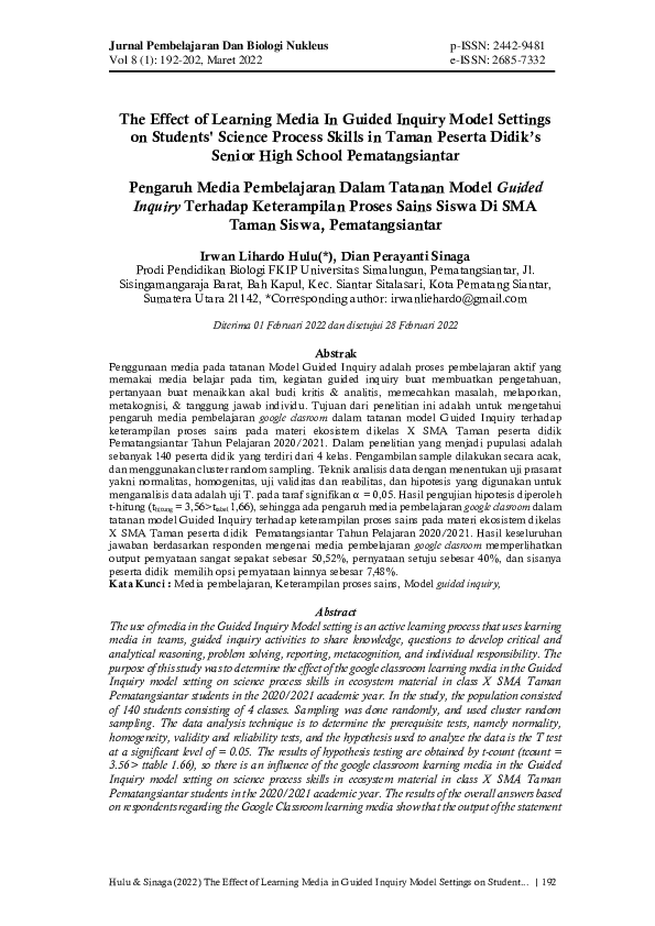 (PDF) The Effect of Learning Media in Guided Inquiry Model Settings on ...
