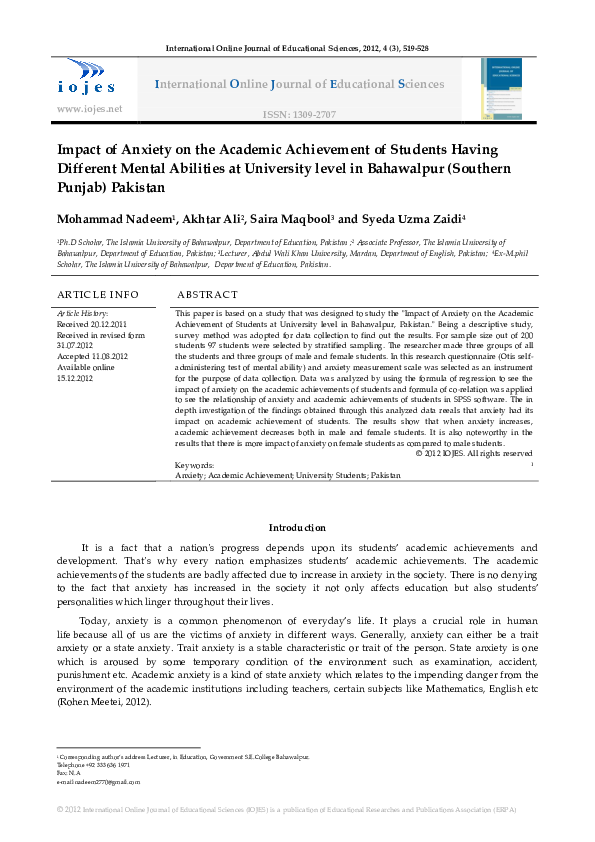 (PDF) Impact of Anxiety on the Academic Achievement of Students Having ...