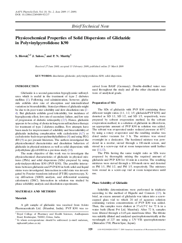 (PDF) Physicochemical Properties of Solid Dispersions of Gliclazide in ...