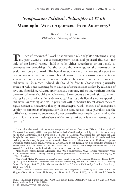 (PDF) Meaningful Work: Arguments from Autonomy*