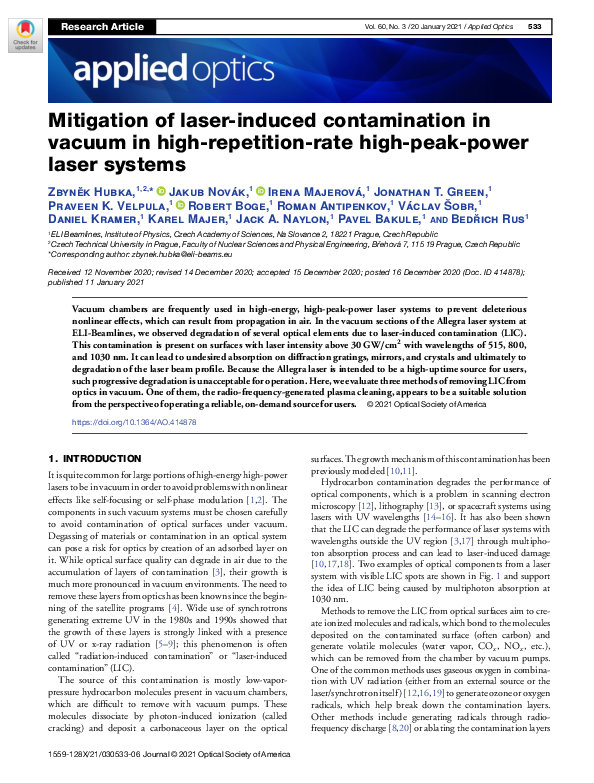 (PDF) Mitigation of laser-induced contamination in vacuum in high ...