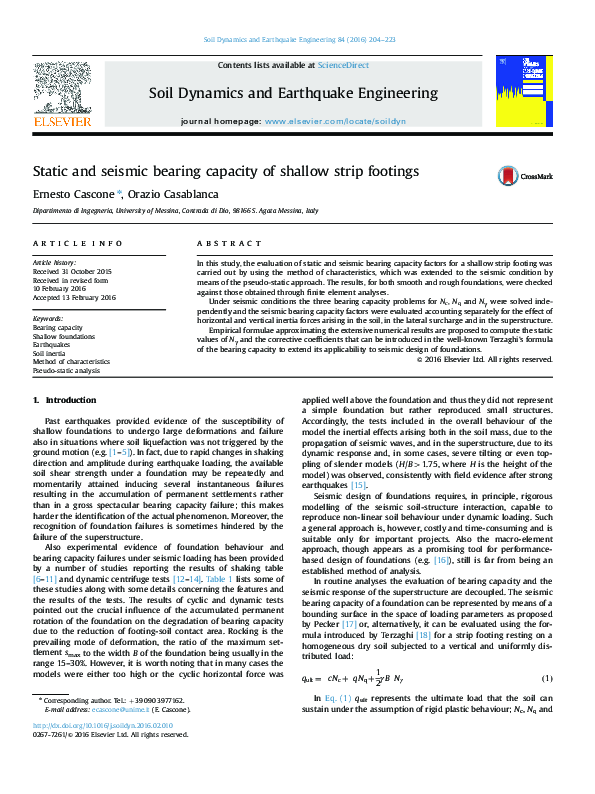 (PDF) Static and seismic bearing capacity of shallow strip footings