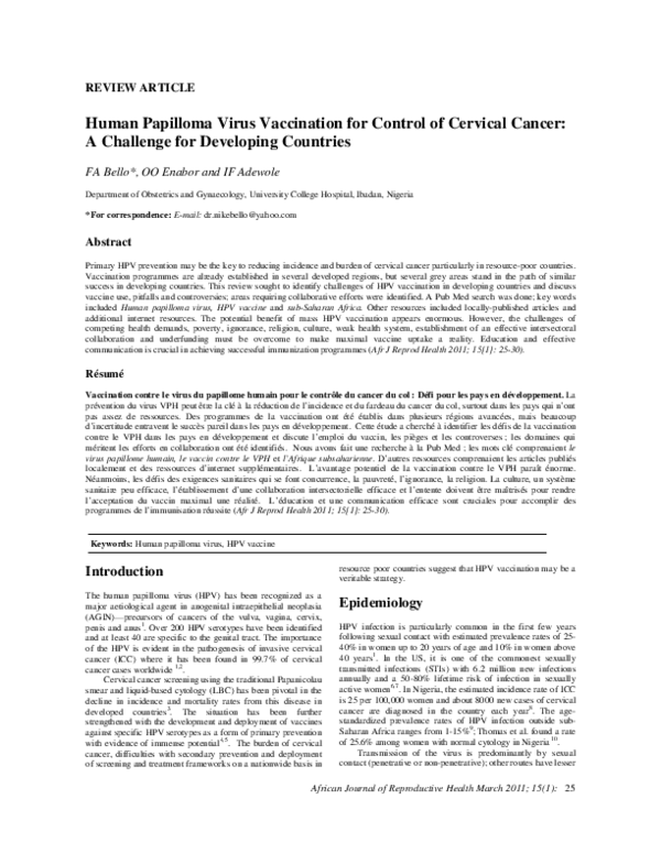 (PDF) Human papilloma virus vaccination for control of cervical cancer ...