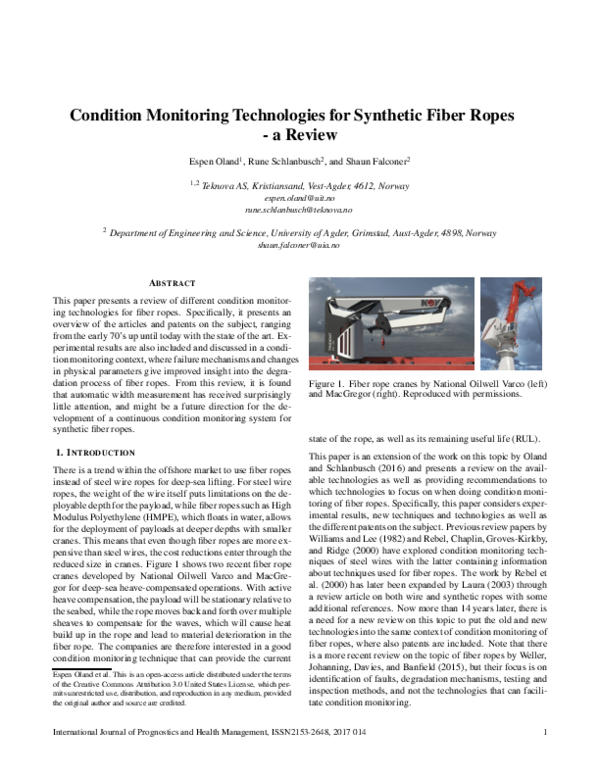 (PDF) Condition Monitoring Technologies for Synthetic Fiber Ropes a