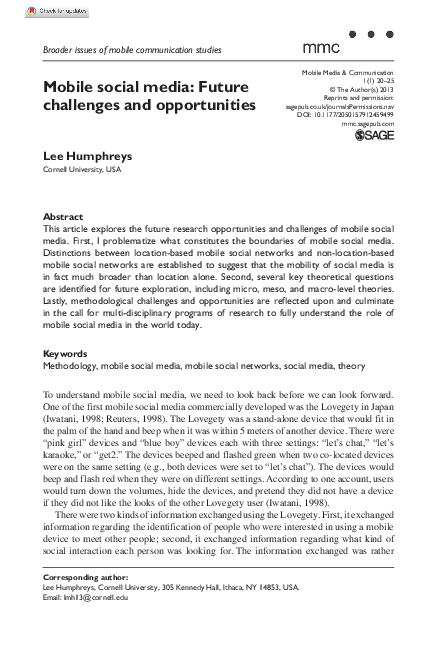 (PDF) Mobile social media: Future challenges and opportunities