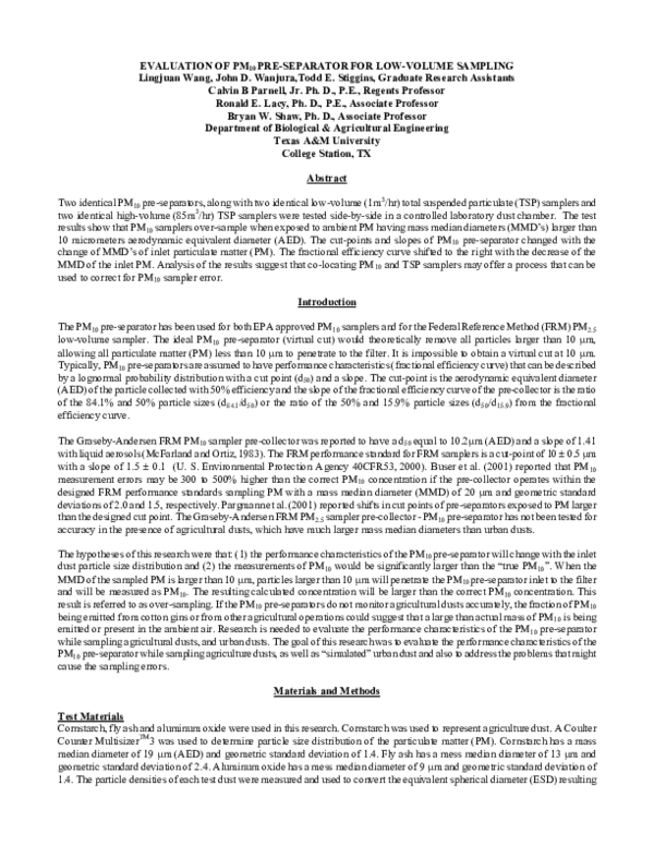 (PDF) Evaluation of PM10 Pre-Separator for Low-Volume Sampling