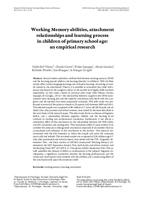 (PDF) Working Memory abilities, attachment relationships and learning ...