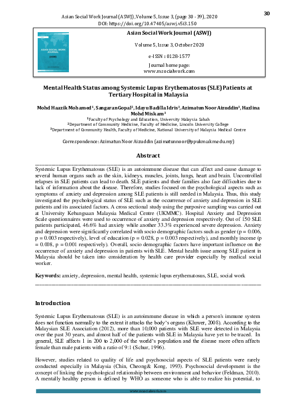 (PDF) Mental Health Status among Systemic Lupus Erythematosus (SLE ...