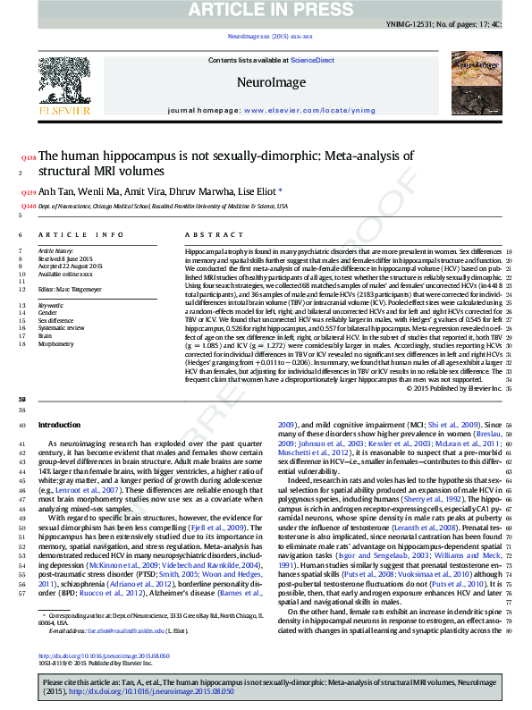 (PDF) The human hippocampus is not sexually-dimorphic: Meta-analysis of ...
