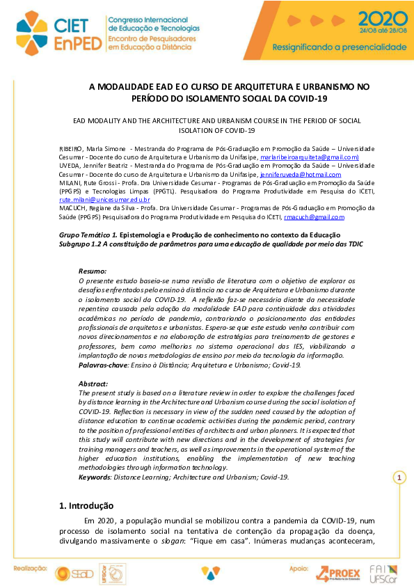 (PDF) A Modalidade Ead e O Curso De Arquitetura e Urbanismo No Período ...