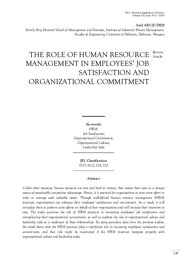 (PDF) The role of human resource management in employees' job ...