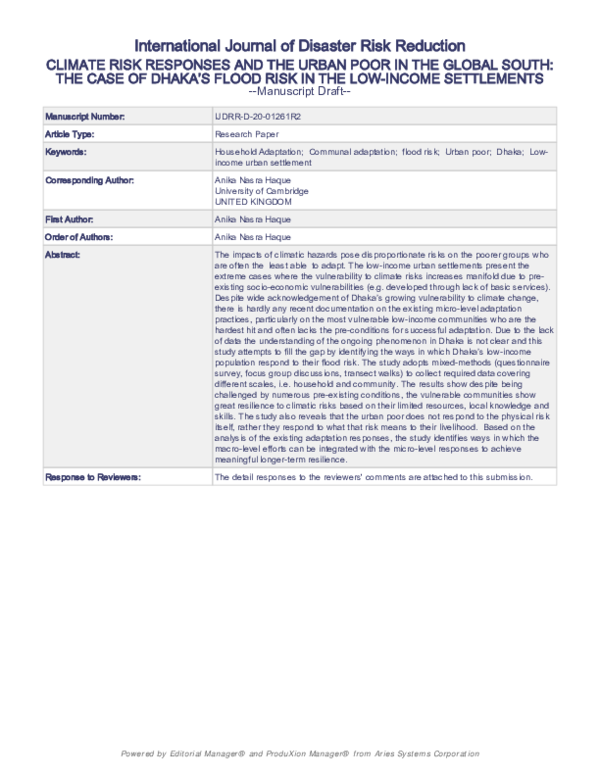 (PDF) Climate risk responses and the urban poor in the global South ...