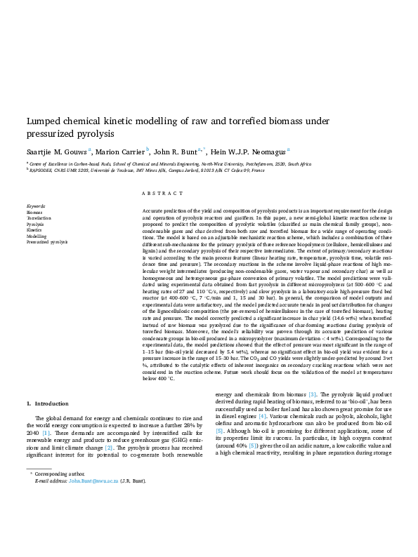 (PDF) Lumped chemical kinetic modelling of raw and torrefied biomass ...