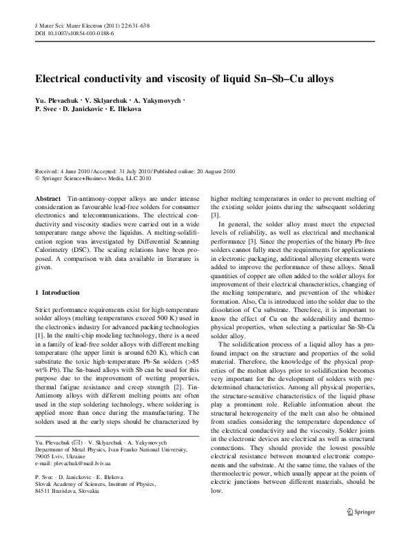 (PDF) Electrical conductivity and viscosity of liquid Sn–Sb–Cu alloys