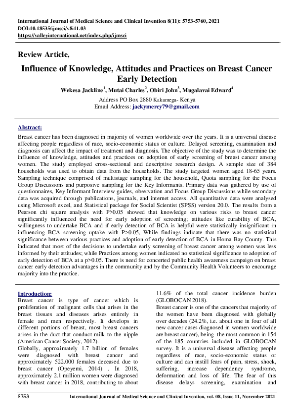 (PDF) Influence of Knowledge, Attitudes and Practices on Breast Cancer ...