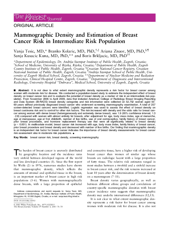 (PDF) Mammographic Density and Estimation of Breast Cancer Risk in ...