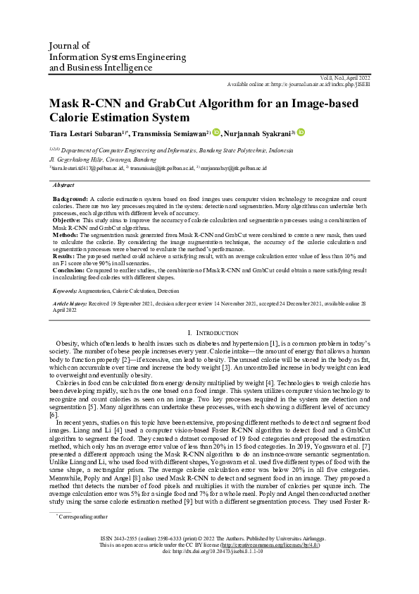(PDF) Mask R-CNN and GrabCut Algorithm for an Image-based Calorie ...