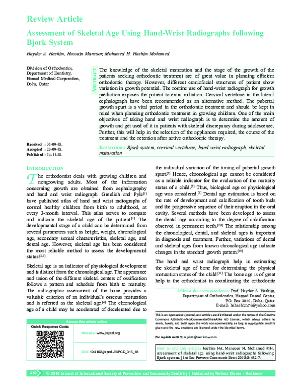 (PDF) Assessment of skeletal age using hand wrist radiographs following ...