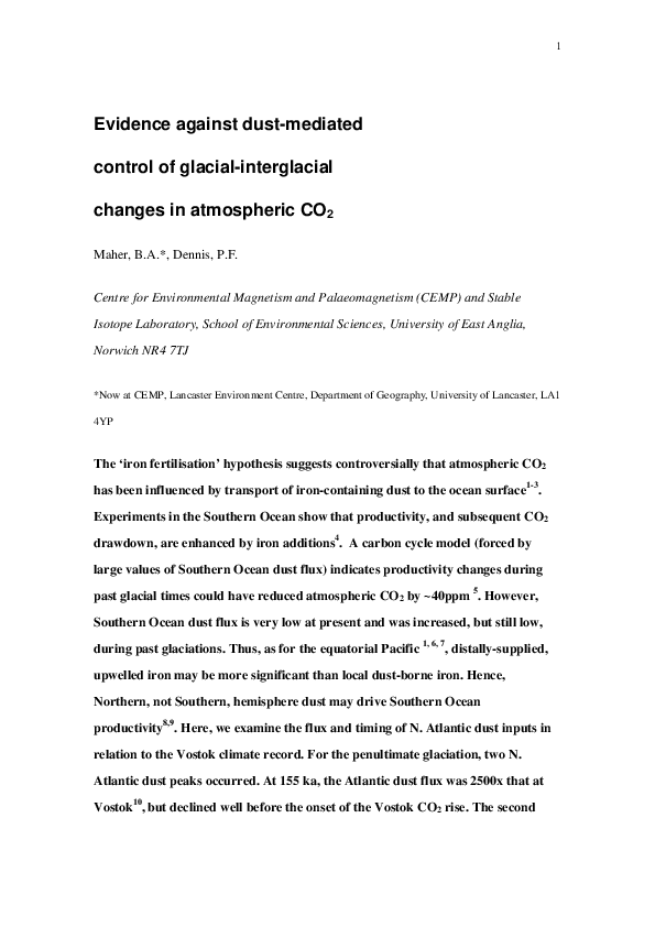 Evidence against dust-mediated control of glacial–interglacial changes in atmospheric CO2