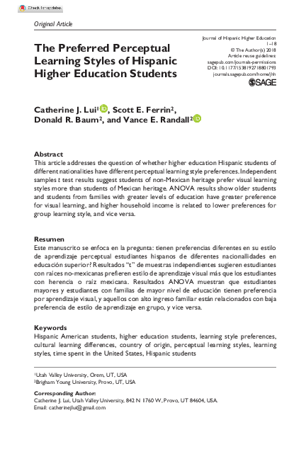 (PDF) The Preferred Perceptual Learning Styles of Hispanic Higher ...