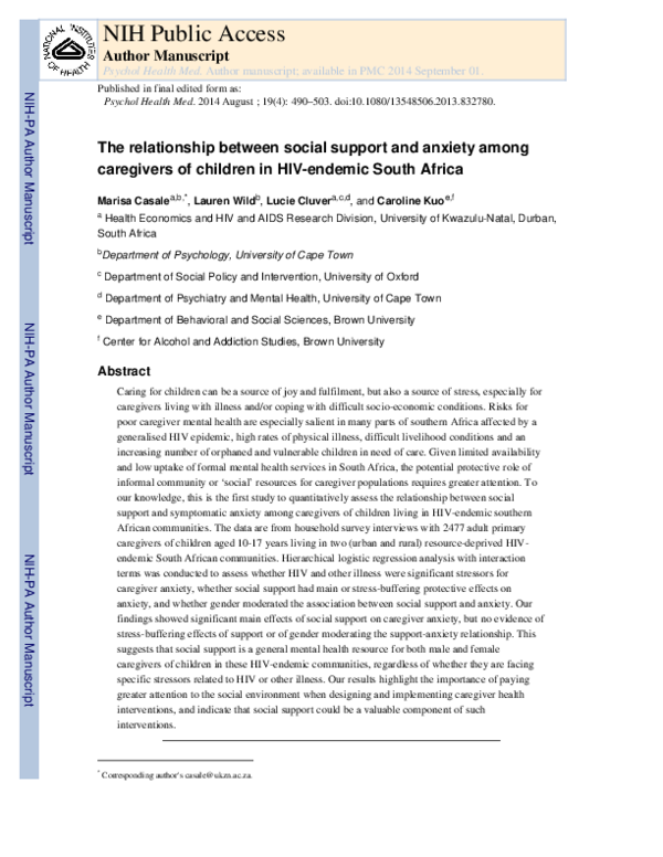 (PDF) The relationship between social support and anxiety among ...