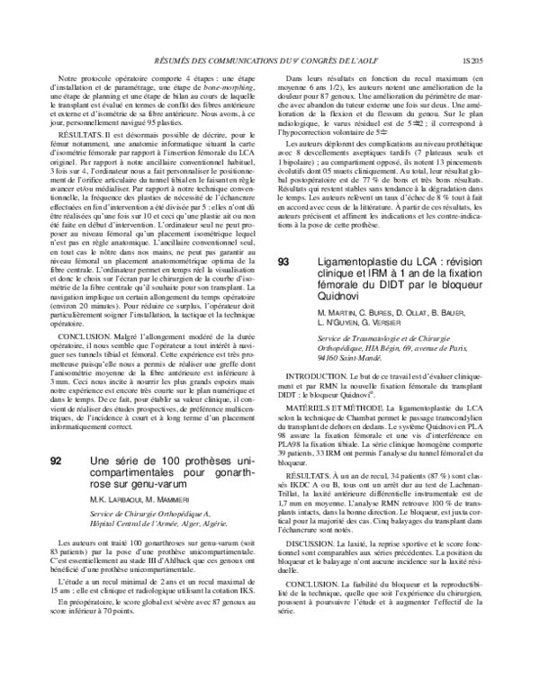 (PDF) 93 Ligamentoplastie du LCA : révision clinique et IRM à 1 an de ...