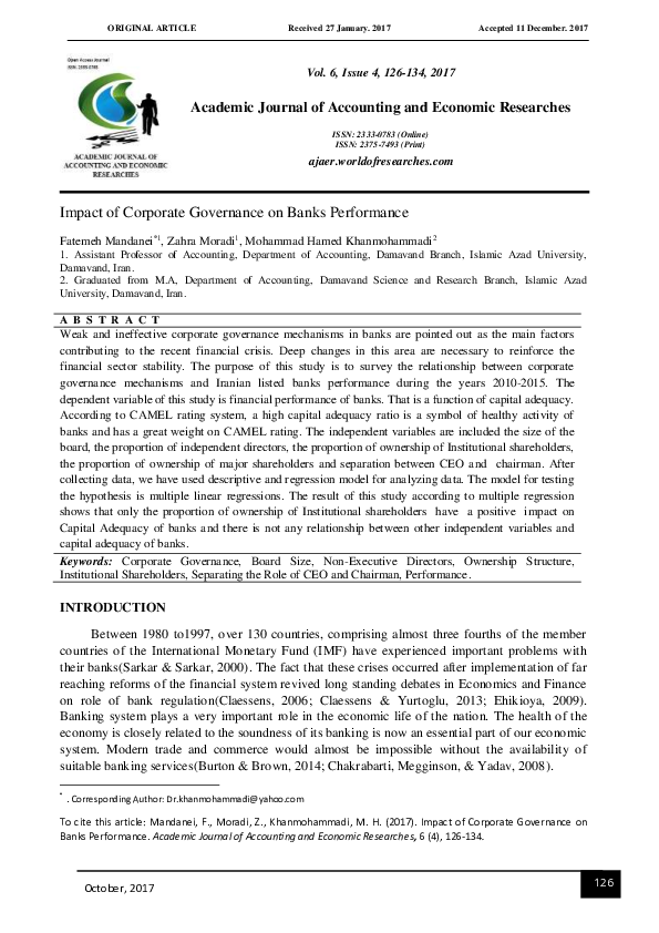 (PDF) Impact of Corporate Governance on Banks Performance