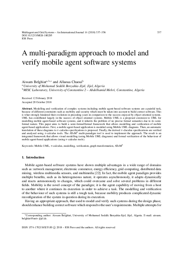 (PDF) A multi-paradigm approach to model and verify mobile agent ...