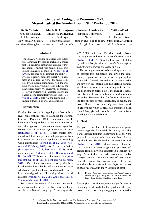 (PDF) Gendered Ambiguous Pronoun (GAP) Shared Task at the Gender Bias