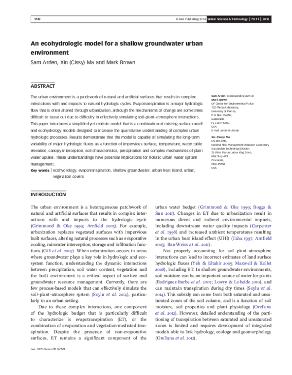 (PDF) An ecohydrologic model for a shallow groundwater urban environment